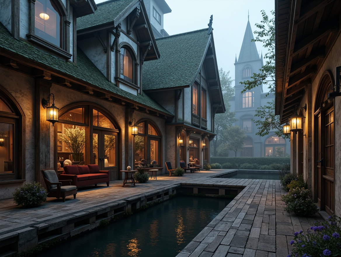 Prompt: Rustic wooden dock, weathered boatlift, ornate Gothic arches, pointed steeples, intricate stone carvings, heavy wooden doors, iron hinges, medieval-inspired lanterns, distressed wood textures, moss-covered roofs, overhanging eaves, asymmetrical facade, towering spires, stained glass windows, rich velvet furnishings, mysterious candlelit atmosphere, dramatic shadows, low-key warm lighting, 1/2 composition, atmospheric mist effect.