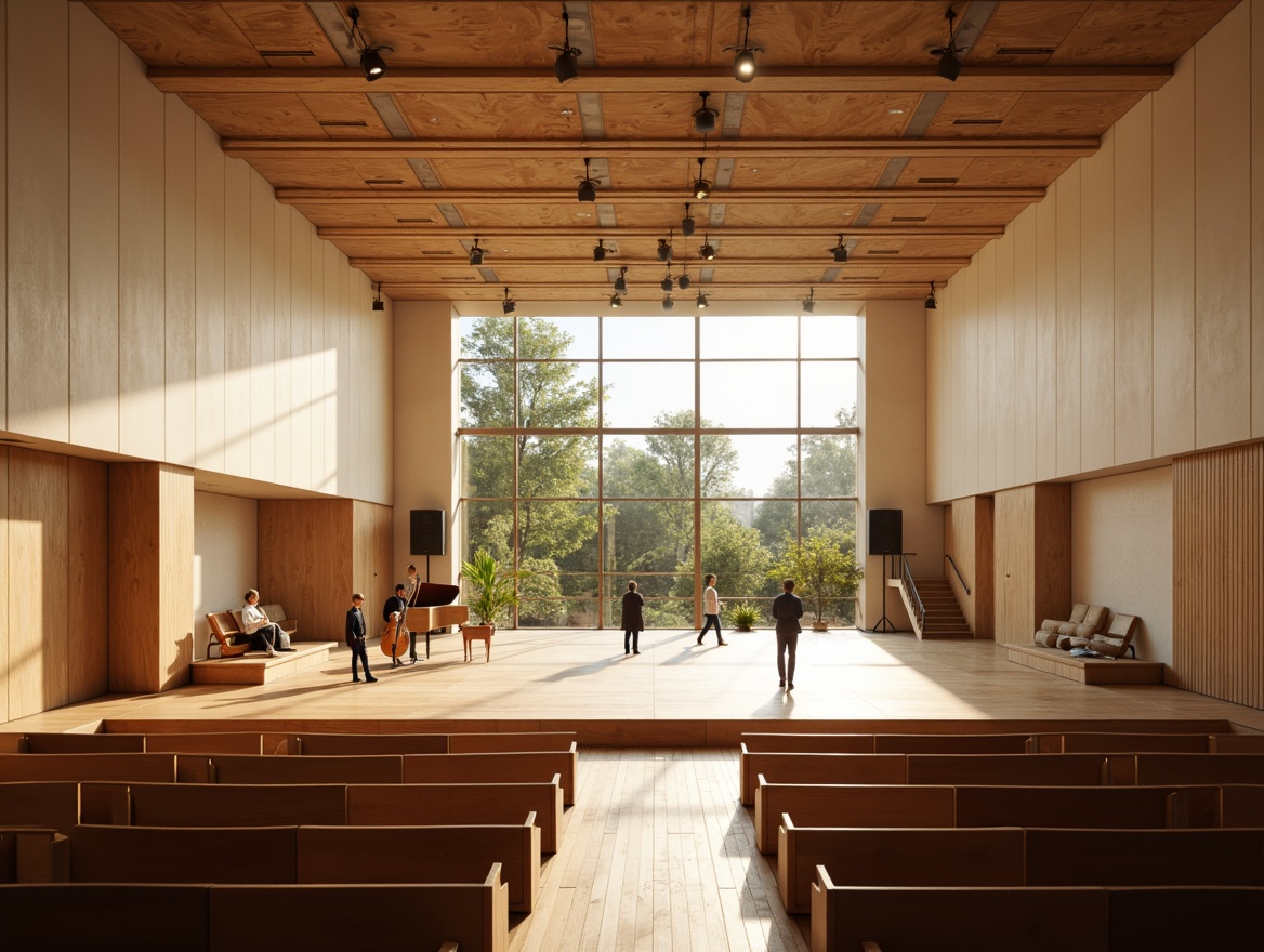 Prompt: Minimalist concert hall, wooden stage, Nordic-inspired interior design, sound-absorbing acoustic panels, oak wood flooring, cream-colored walls, floor-to-ceiling windows, natural light pouring in, warm cozy atmosphere, soft ambient lighting, 1/2 composition, shallow depth of field, realistic textures, subtle shadows, wooden auditorium seats, state-of-the-art sound equipment, professional stage lighting, Nordic folk instruments on display, soft background music, morning sunlight filtering through.