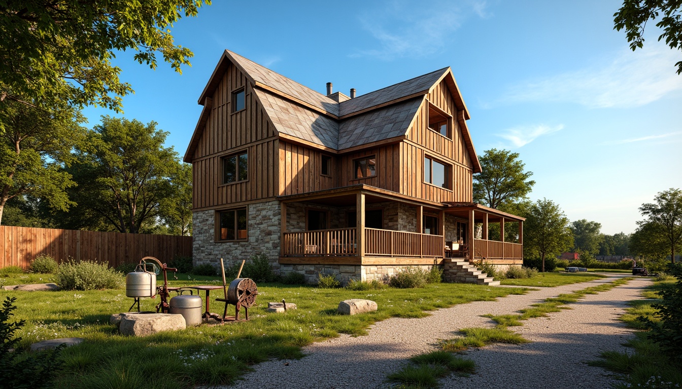 Prompt: Rustic farmhouse, weathered wooden siding, stone foundations, distressed metal roofs, vintage farm tools, lush greenery, wildflowers, natural stone pathways, gravel driveways, wooden fences, rusty gates, country roads, clear blue skies, warm sunny days, soft golden lighting, shallow depth of field, 3/4 composition, panoramic view, realistic textures, ambient occlusion, earthy color palette, natural materials, handcrafted details, ornate wood carvings, decorative metalwork.