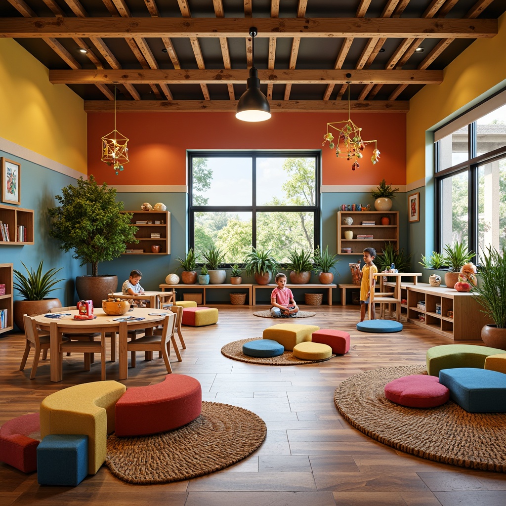 Prompt: Vibrant kindergarten interior, eclectic mix-and-match furniture, wooden tables, colorful chairs, soft cushions, woven baskets, natural fiber rugs, whimsical lighting fixtures, playful mobiles, interactive display shelves, cozy reading nooks, circular gathering areas, flexible seating arrangements, adaptive learning tools, bold primary colors, textured fabrics, organic shapes, rustic wood accents, lively patterned walls, joyful ambient atmosphere, warm softbox lighting, 1/1 composition, intimate focal points.