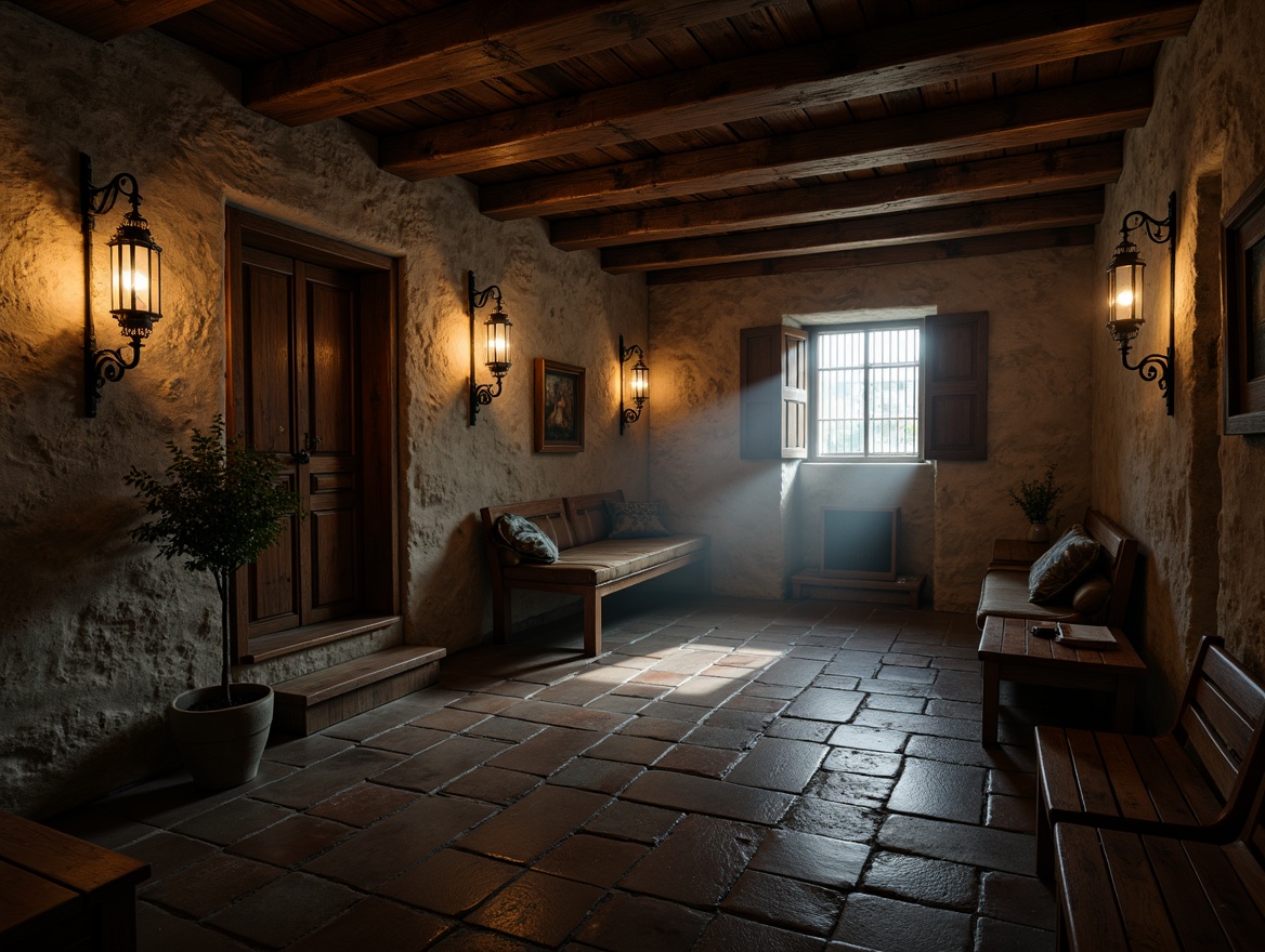 Prompt: Rustic monastery, aged stone walls, distressed wood accents, worn brick floors, ornate wooden doors, heavy iron hinges, rustic lanterns, warm candlelight, soft misty atmosphere, mysterious shadows, 3/4 composition, shallow depth of field, realistic textures, ambient occlusion.