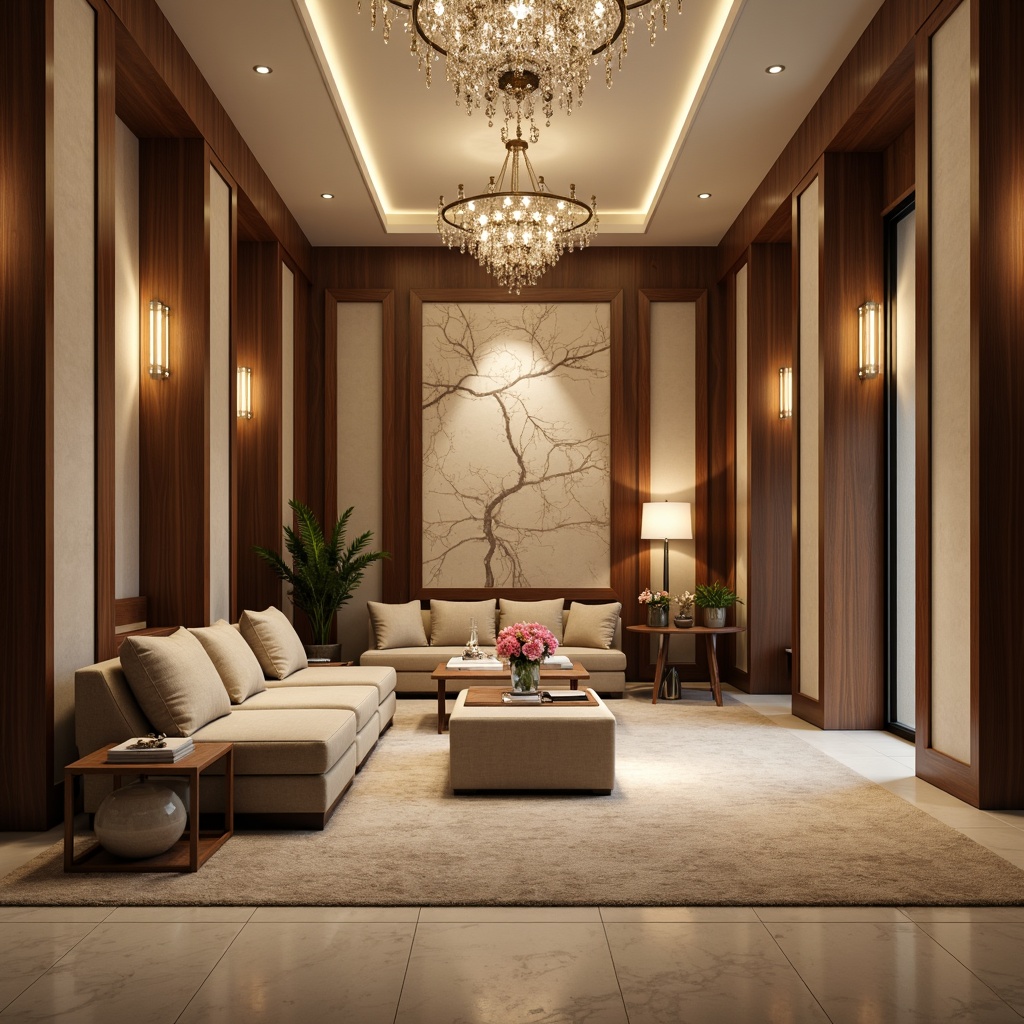 Prompt: Rich wood tones, warm beige walls, soft cream accents, plush carpeting, natural stone flooring, elegant crystal chandeliers, luxurious velvet fabrics, subtle metallic highlights, sophisticated monochromatic scheme, calming ambiance, warm golden lighting, shallow depth of field, 1/1 composition, realistic textures, ambient occlusion.