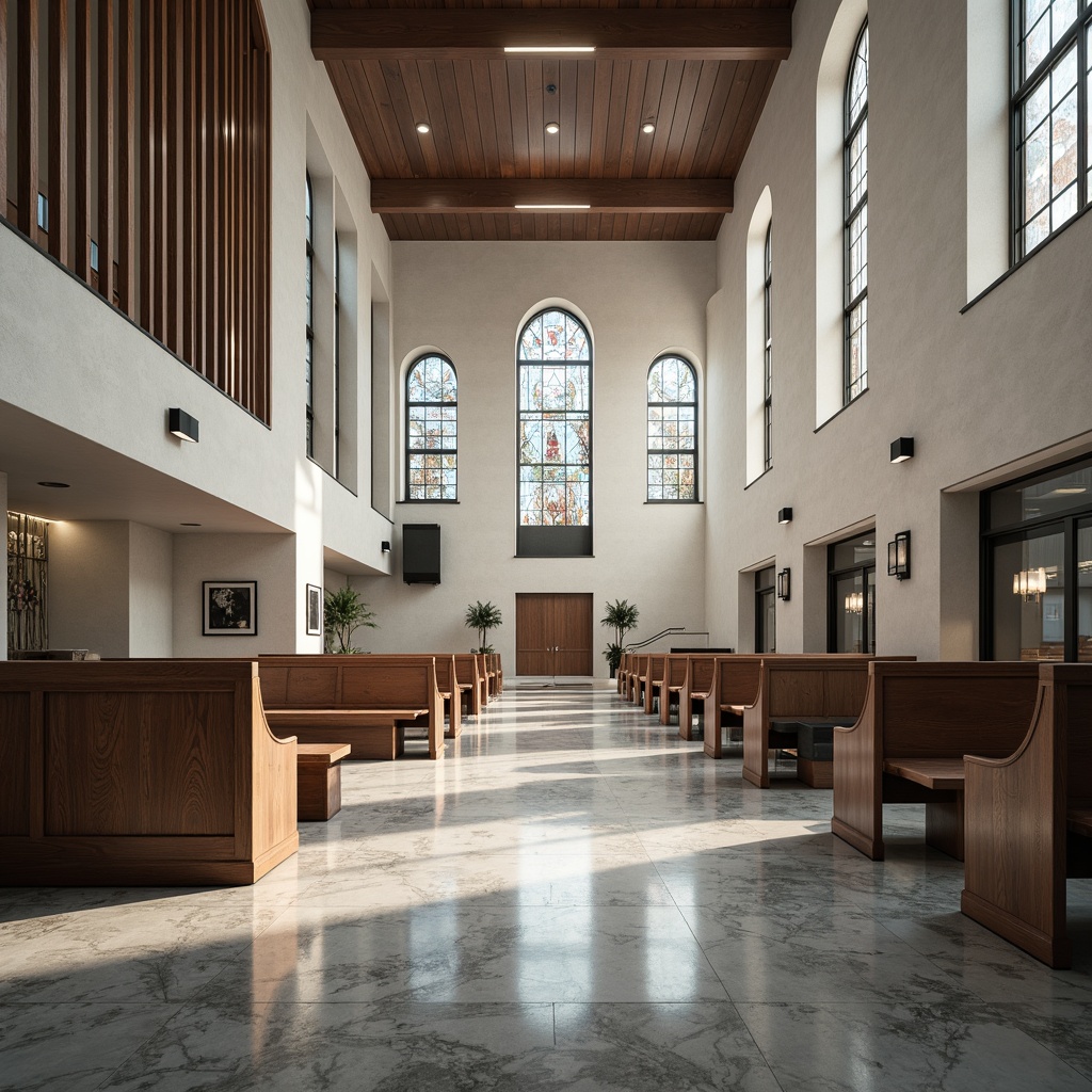 Prompt: Polished marble floors, subtle grey tones, minimalist aesthetic, modern church architecture, sleek lines, geometric patterns, natural light pouring in, stained glass windows, elegant pews, refined wooden accents, soft warm lighting, shallow depth of field, 3/4 composition, panoramic view, realistic textures, ambient occlusion.