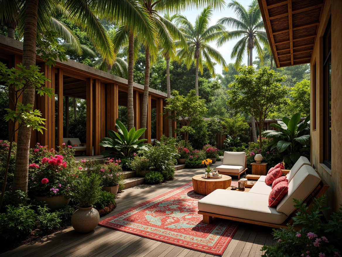 Prompt: Exotic tropical oasis, lush greenery, vibrant flowers, palm trees, bamboo accents, natural stone walls, wooden flooring, rattan furniture, colorful textiles, ethnic patterns, ambient warm lighting, shallow depth of field, 1/1 composition, intimate space, realistic foliage, soft focus effect.