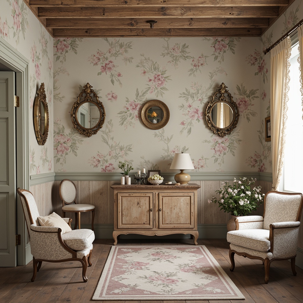 Prompt: Distressed vintage walls, soft pastel hues, floral patterns, lace trimmings, rustic wooden accents, ornate mirrors, distressed finishes, faded elegance, romantic ambiance, warm candlelight, delicate china, antique furnishings, velvet drapes, ruffled fabrics, gentle color palette, whimsical touches, French country charm, shabby-chic decor, vintage accessories, feminine details.