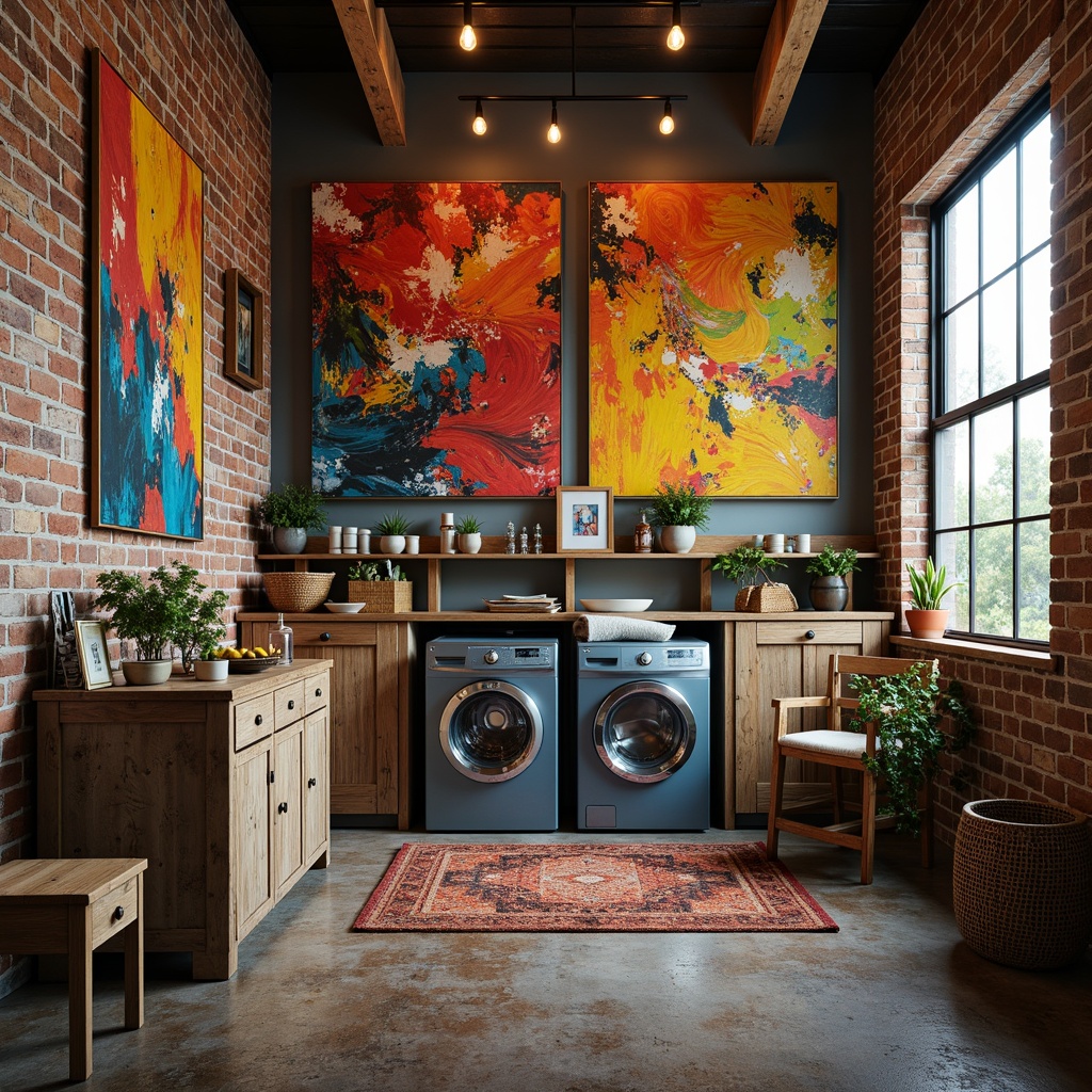 Prompt: Vibrant laundry room, abstract expressionist art pieces, bold colorful walls, eclectic furniture, distressed wooden cabinets, vintage washing machines, rusty metal accents, worn brick floors, Edison bulb lighting, industrial chic decor, oversized windows, natural textiles, woven baskets, potted greenery, warm atmospheric glow, softbox lighting, shallow depth of field, 1/2 composition, cinematic framing.