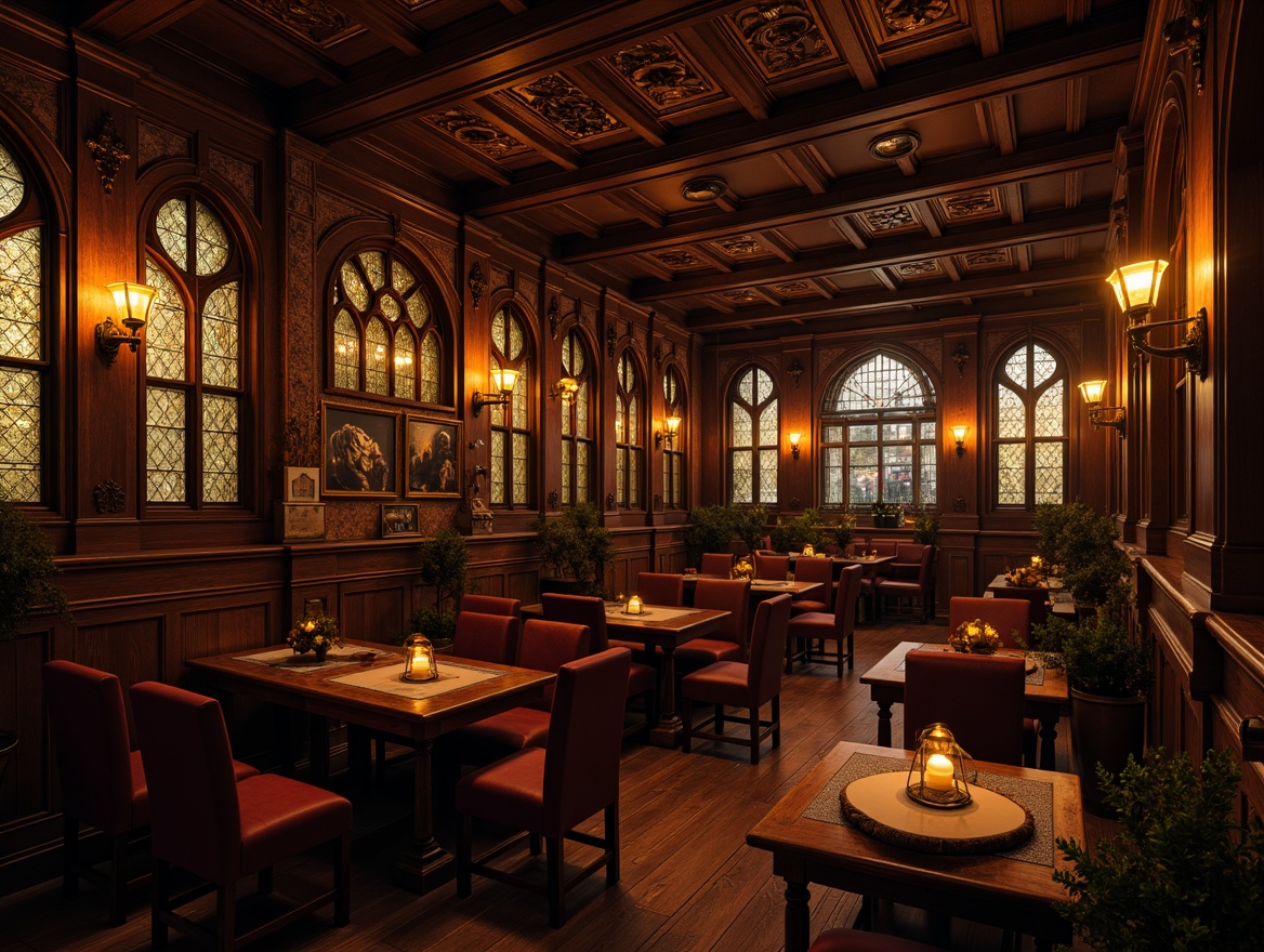 Prompt: Dramatic pub interior, rich wooden accents, ornate Gothic arches, stained glass windows, warm golden lighting, pendant lanterns, candlelit tables, dark wood paneling, luxurious velvet fabrics, intricate carvings, mysterious ambiance, soft warm glow, low-key illumination, subtle shading, 1/2 composition, atmospheric rendering, realistic reflections.