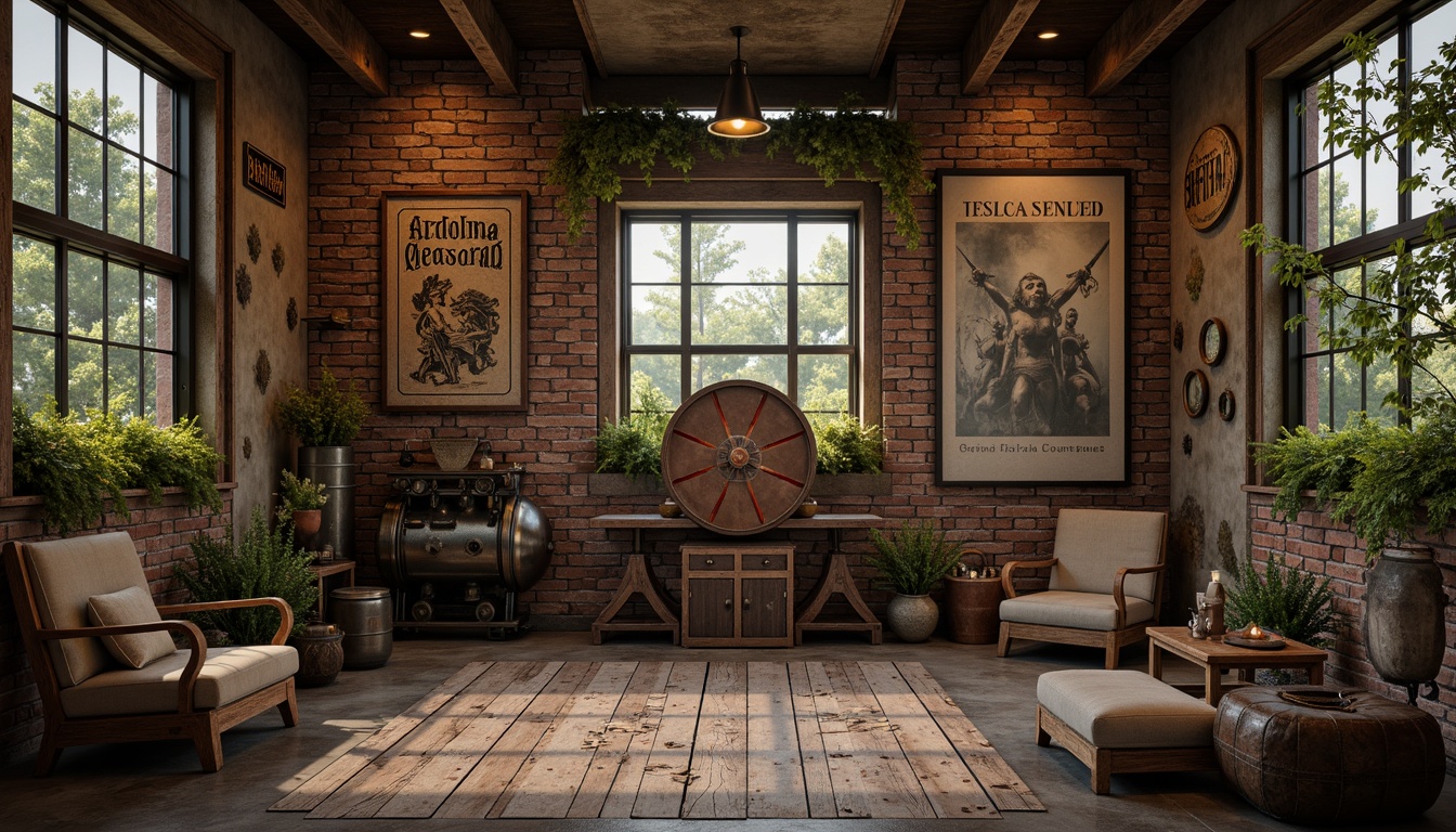 Prompt: Rustic wooden planks, distressed metal accents, vintage machinery parts, earthy color palette, moss-covered stones, weathered brick walls, faded signage, ornate metal fixtures, distressed leather textures, worn concrete floors, peeling paint, antique furniture pieces, soft warm lighting, shallow depth of field, 3/4 composition, realistic ambient occlusion.