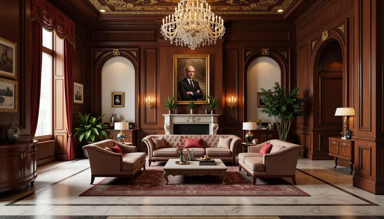 Prompt: Elegant living room, ornate wood paneling, rich velvet fabrics, antique furniture pieces, carved wooden legs, upholstered sofas, tufted armchairs, classic coffee tables, luxurious marble floors, crystal chandeliers, soft warm lighting, subtle color palette, 1/1 composition, shallow depth of field, realistic textures, ambient occlusion.