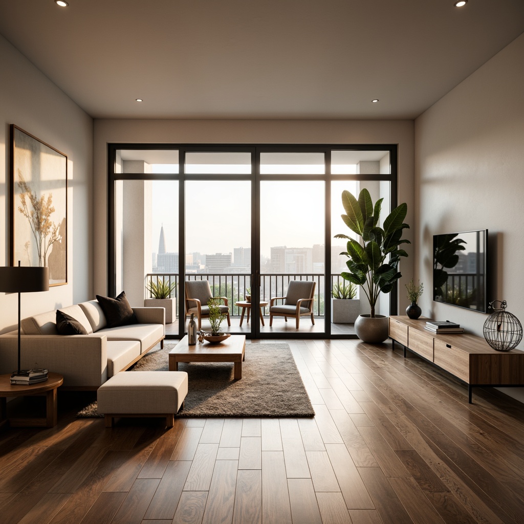 Prompt: Modern living room, sleek wooden floor, minimalist decor, spacious open plan, functional furniture layout, comfortable sofas, accent chairs, coffee table, floor lamps, plush area rug, natural light pouring in, sliding glass doors, balcony with city view, morning sunlight, soft warm ambiance, 3/4 composition, shallow depth of field, realistic textures.