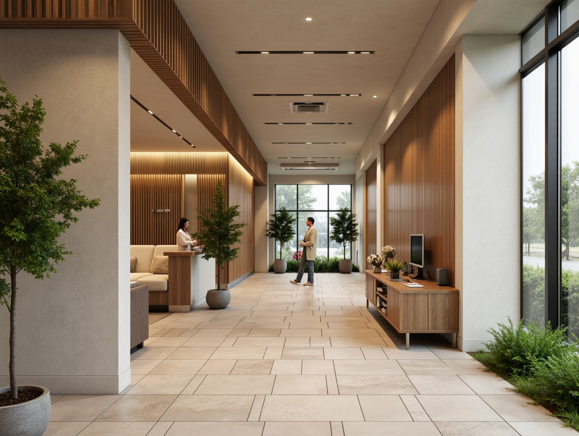 Prompt: Corporate office building, modern minimalist design, neutral color scheme, calm beige walls, rich wood accents, sleek metal fixtures, vibrant greenery, natural stone flooring, floor-to-ceiling windows, warm ambient lighting, soft pastel hues, calming atmosphere, 1/1 composition, realistic textures, subtle gradient effects.