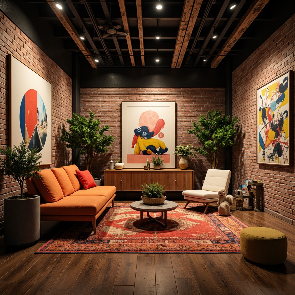 Prompt: Vibrant artistic studio, eclectic furniture pieces, abstract artwork, colorful rug, natural wood accents, industrial metal beams, exposed brick walls, modern track lighting, warm ambient glow, soft box shadows, 1/2 composition, cinematic color grading, moody atmospheric effects, rich textures, subtle noise overlay.