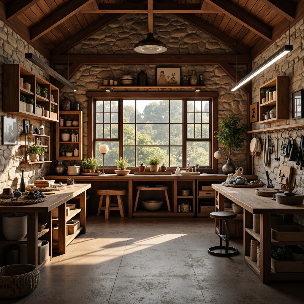 Prompt: Rustic wooden workshop, natural stone walls, vintage metal tools, wooden workbenches, eclectic craft supplies, reclaimed wood accents, industrial metal shelving, modern LED lighting, cozy warm atmosphere, shallow depth of field, 1/2 composition, realistic textures, ambient occlusion.