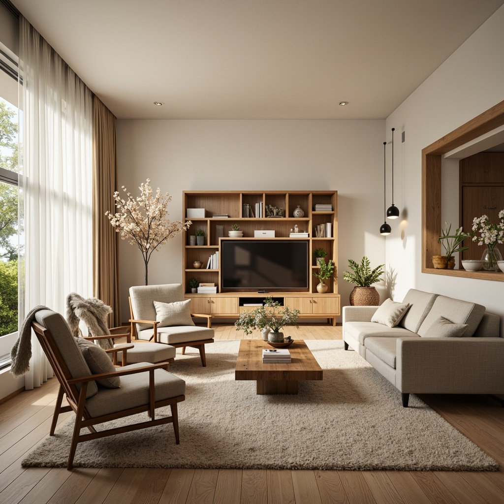 Prompt: Cozy living room, comfortable sofas, accent chairs, wooden coffee tables, functional shelves, minimalist decor, soft warm lighting, calm atmosphere, 3/4 composition, shallow depth of field, realistic textures, ambient occlusion, spacious floor plan, open layout, flowing traffic path, harmonious color scheme, natural wood tones, creamy white walls, plush area rugs, lush greenery, blooming flowers.