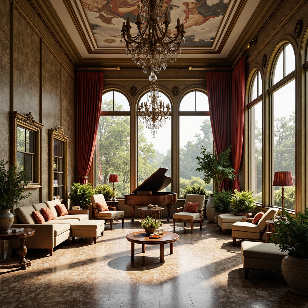 Prompt: Ornate sunroom, lavish furnishings, intricate carvings, gilded mirrors, crystal chandeliers, velvet drapes, marble floors, grand piano, ornamental vases, frescoed ceilings, large windows, arched doorways, soft warm lighting, natural stone walls, lush greenery, blooming flowers, sunny day, shallow depth of field, 3/4 composition, panoramic view, realistic textures, ambient occlusion.