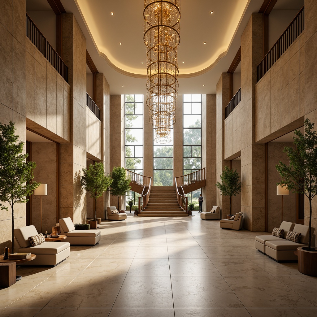 Prompt: Luxurious hotel lobby, textured stone walls, warm beige tones, sleek modern furniture, polished marble floors, grand chandelier, elegant staircase, lavish greenery, natural light pouring through floor-to-ceiling windows, warm ambient lighting, shallow depth of field, 1/1 composition, realistic textures, ambient occlusion.