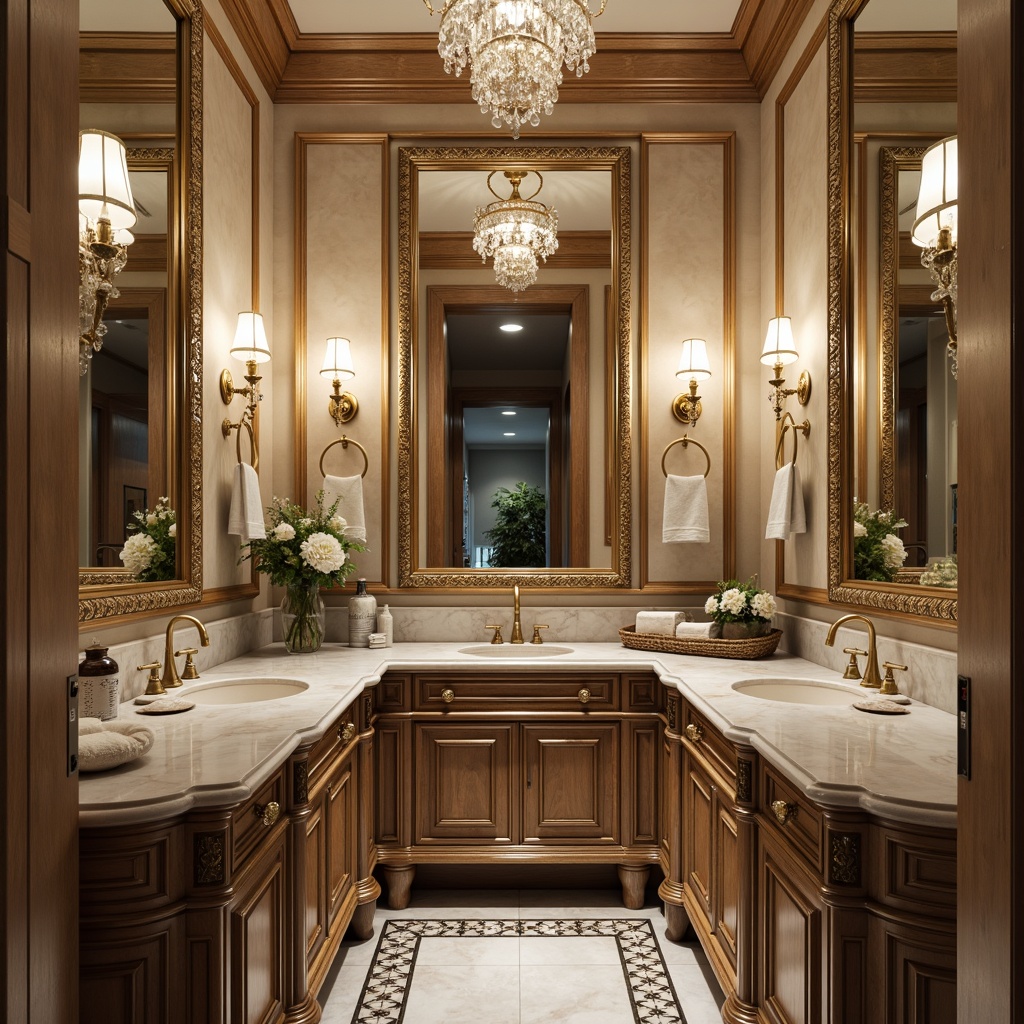 Prompt: Elegant bathroom, ornate mirrors, crystal chandeliers, marble countertops, intricately carved wooden cabinets, golden faucet fixtures, porcelain sink basins, decorative tile patterns, floral arrangements, soft warm lighting, 3/4 composition, shallow depth of field, realistic textures, ambient occlusion.