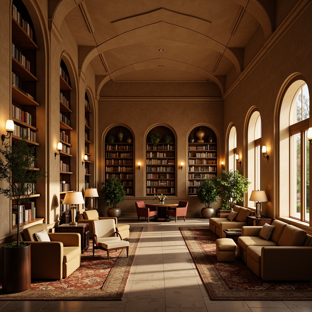 Prompt: Cozy library interior, warm beige walls, rich wood accents, plush carpeting, comfortable reading nooks, floor lamps, table lamps, soft warm lighting, layered lighting effects, warm color temperature, calming atmosphere, classic bookshelves, elegant archways, sophisticated furniture, luxurious fabrics, natural stone flooring, subtle texture contrasts, 1/1 composition, realistic reflections, ambient occlusion.