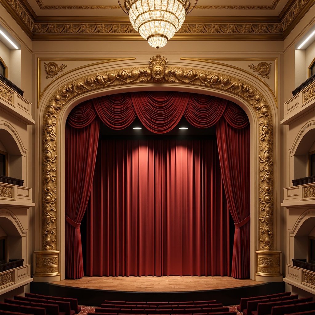 Prompt: Elegant proscenium arch, ornate golden details, rich velvet curtains, plush red seating, grand chandelier, intricate moldings, neutral beige walls, dark wood flooring, subtle patterned carpets, luxurious fabrics, soft warm lighting, dramatic spotlights, 3/4 composition, shallow depth of field, realistic textures, ambient occlusion, classic ornate frames, subtle color palette, harmonious blend of modern and traditional elements.