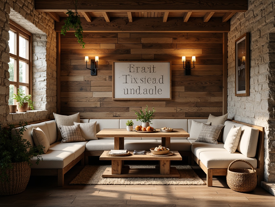 Prompt: Cozy rustic breakfast nook, reclaimed wood walls, distressed wooden planks, natural stone accents, earthy color palette, warm ambient lighting, vintage metal signs, woven baskets, potted greenery, farmhouse-style furniture, comfortable cushions, soft fabrics, natural textiles, warm beige tones, rough-hewn wooden beams, exposed brick surfaces, intimate scale, 1/2 composition, soft focus, warm morning light.