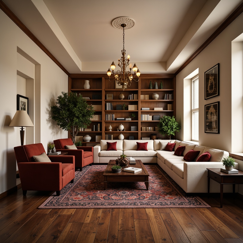 Prompt: Rustic wooden flooring, cream-colored walls, high ceilings, grand chandeliers, plush sectional sofas, velvet armchairs, wooden coffee tables, richly textured rugs, ornate bookshelves, classic academic furniture pieces, leather-bound tomes, golden lamp fixtures, warm cozy lighting, soft focus blur, 1/2 composition, symmetrical framing, inviting atmosphere, natural wood accents, earthy color palette.