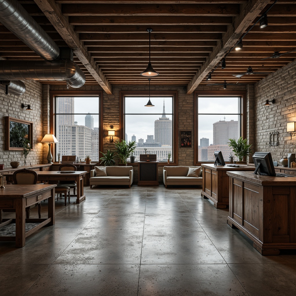 Prompt: Rustic bank interior, exposed wooden beams, industrial chic style, reclaimed wood accents, metal ductwork, polished concrete floors, vintage banking counters, antique decorative fixtures, natural stone walls, modern minimalist lighting, urban cityscape views, cloudy day, soft diffused lighting, shallow depth of field, 1/2 composition, cinematic perspective, realistic textures, ambient occlusion.