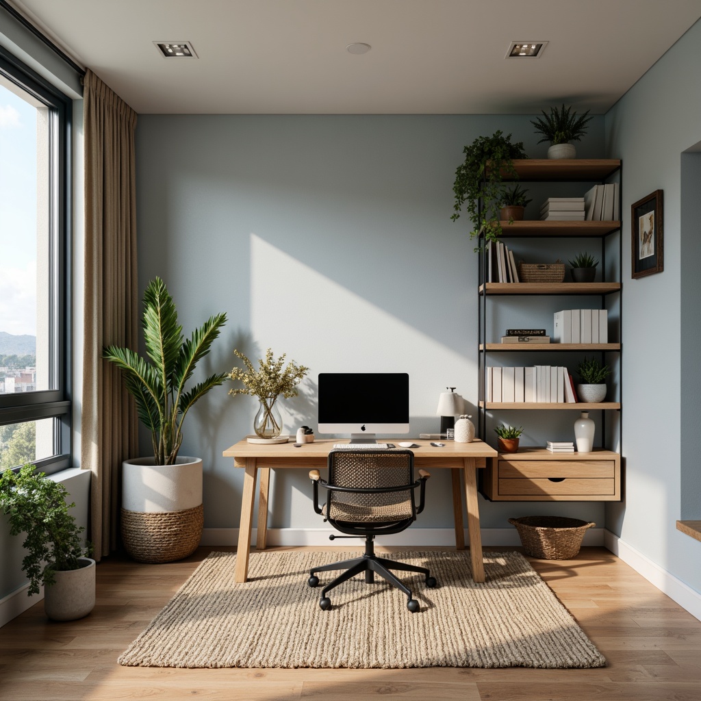 Prompt: Cozy home office, wooden desk, ergonomic chair, natural fiber rug, calming color scheme, soothing blue tones, creamy whites, earthy browns, warm beige accents, minimal decor, organized storage, ample shelving, task lighting, softbox diffuser, 3/4 composition, relaxed atmosphere, serene ambiance.