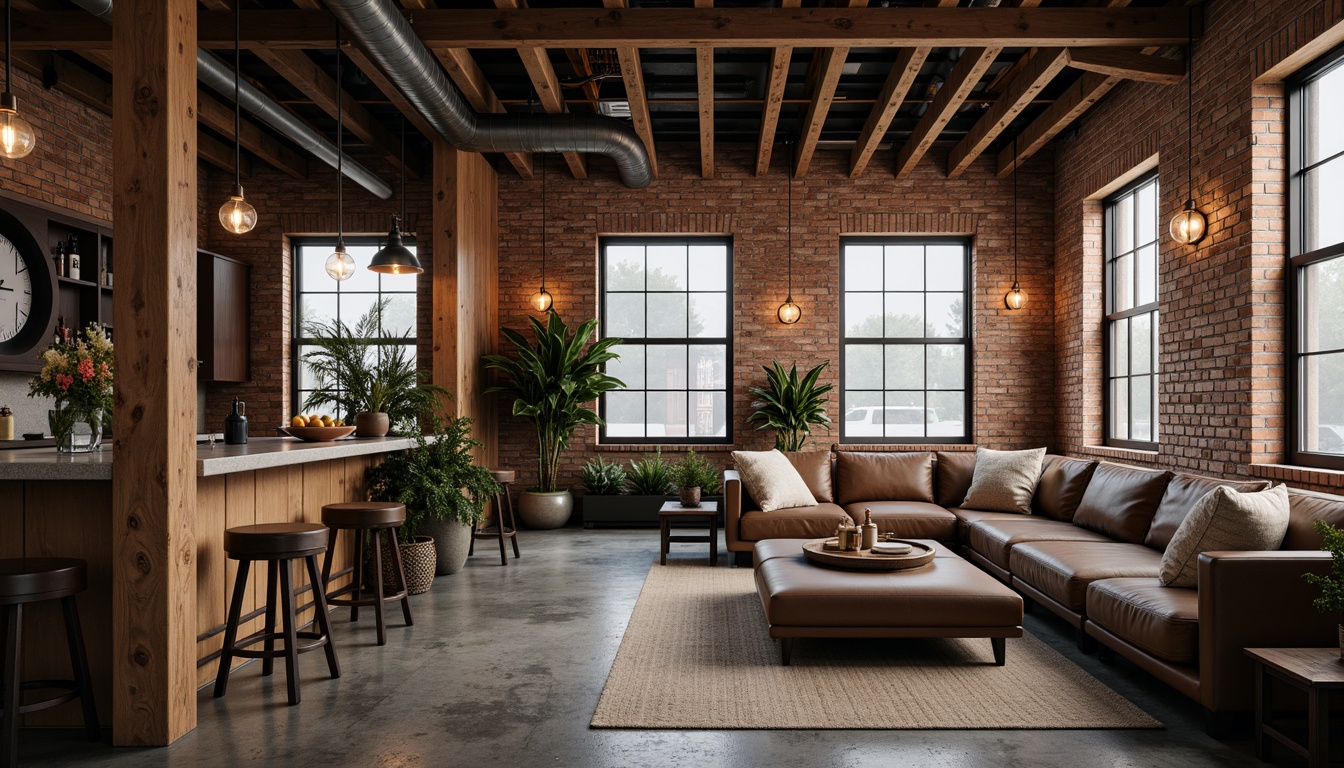 Prompt: Exposed brick walls, reclaimed wood accents, metal beams, industrial-chic decor, vintage factory windows, concrete floors, urban loft atmosphere, dimmable pendant lamps, metal shade fixtures, Edison bulb lighting, warm color temperature, soft ambient glow, 3/4 composition, shallow depth of field, realistic textures, atmospheric fog effect.