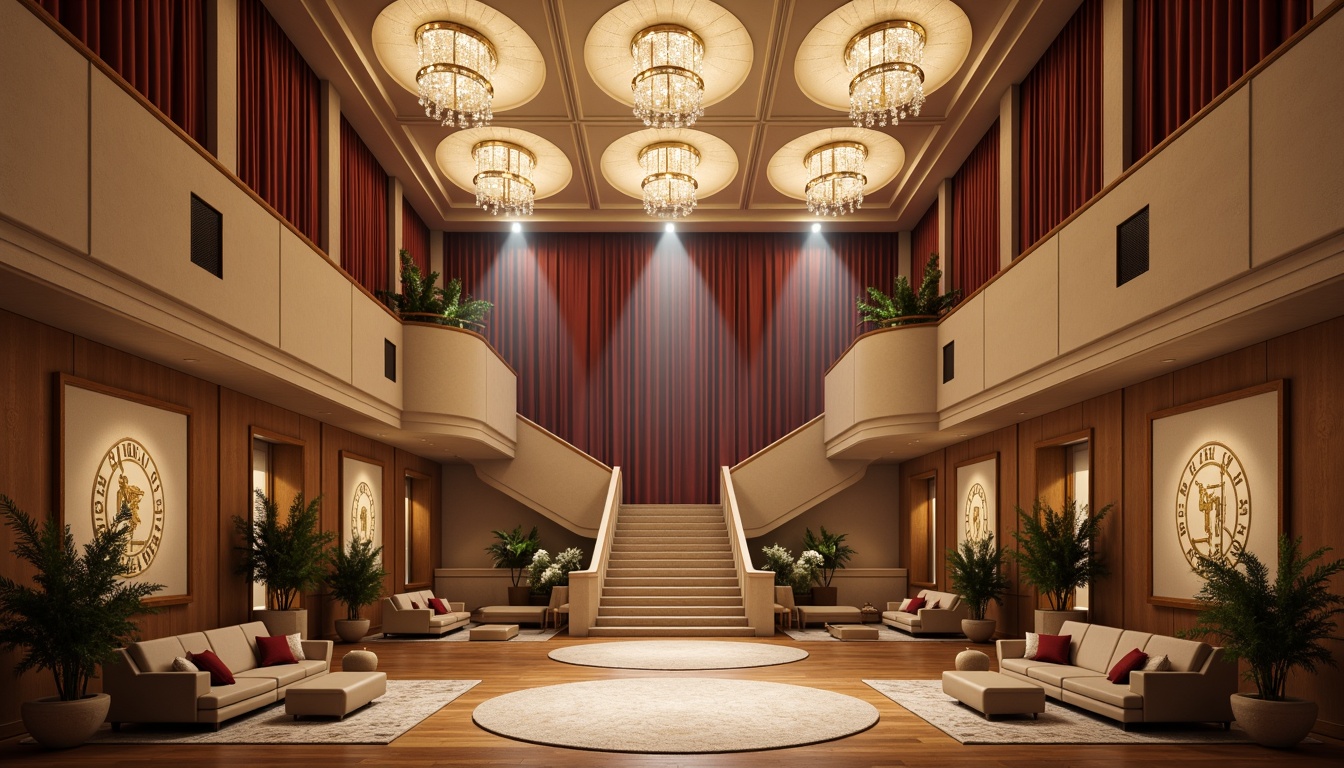 Prompt: Elegant auditorium interior, transitional style decor, luxurious velvet curtains, polished wooden floors, ornate chandeliers, cream-colored walls, neutral-toned furniture, subtle patterned rugs, grand staircase, sweeping balconies, dramatic spotlights, soft warm ambiance, cinematic lighting, 1/1 composition, realistic renderings, ambient occlusion.