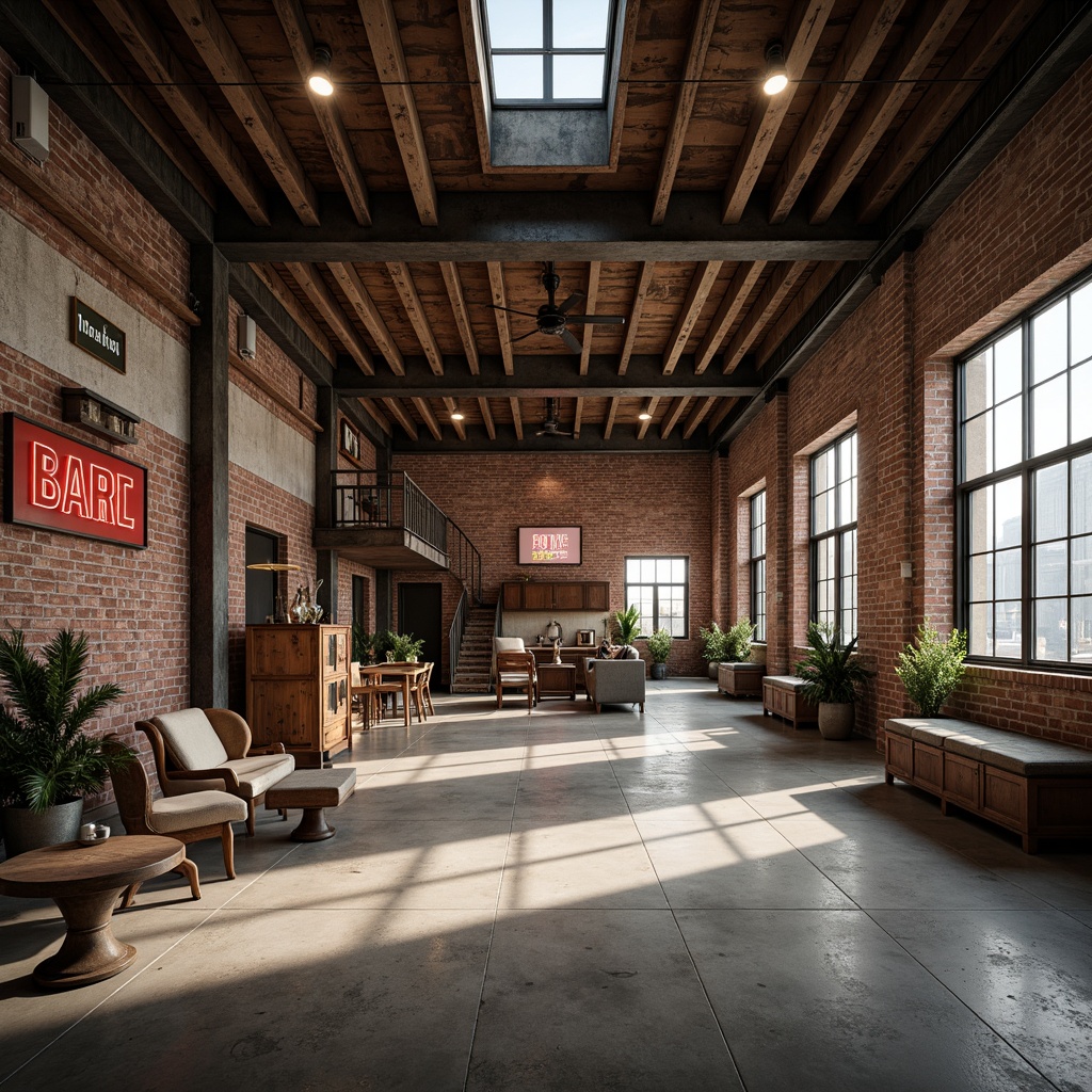 Prompt: Industrial warehouse, exposed brick walls, metallic accents, neon signs, concrete floors, industrial lighting fixtures, steel beams, urban loft atmosphere, muted color scheme, earthy tones, rusted metal hues, weathered wood textures, reclaimed materials, functional design, high ceilings, open spaces, natural light pouring in, soft gradient lighting, 3/4 composition, realistic reflections, ambient occlusion.