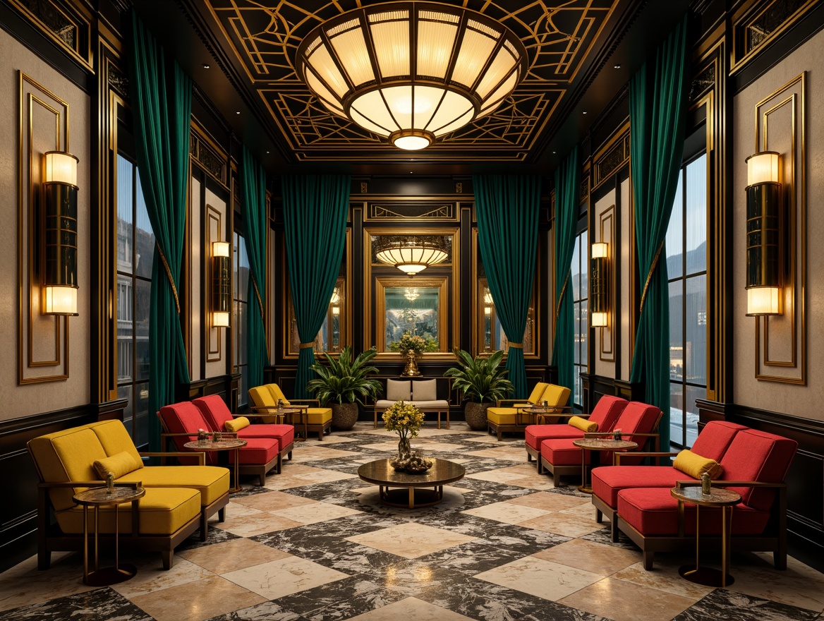 Prompt: Luxurious Art Deco interior, rich jewel tones, opulent metallic accents, velvety soft fabrics, geometric patterns, ornate fixtures, lavish furnishings, bold black lines, vibrant turquoise, deep emerald green, warm golden yellow, rich crimson red, sleek chrome details, glossy marble surfaces, intricate mosaics, sophisticated 1920s glamour, dramatic lighting effects, cinematic composition, high contrast ratio, ornamental typography.