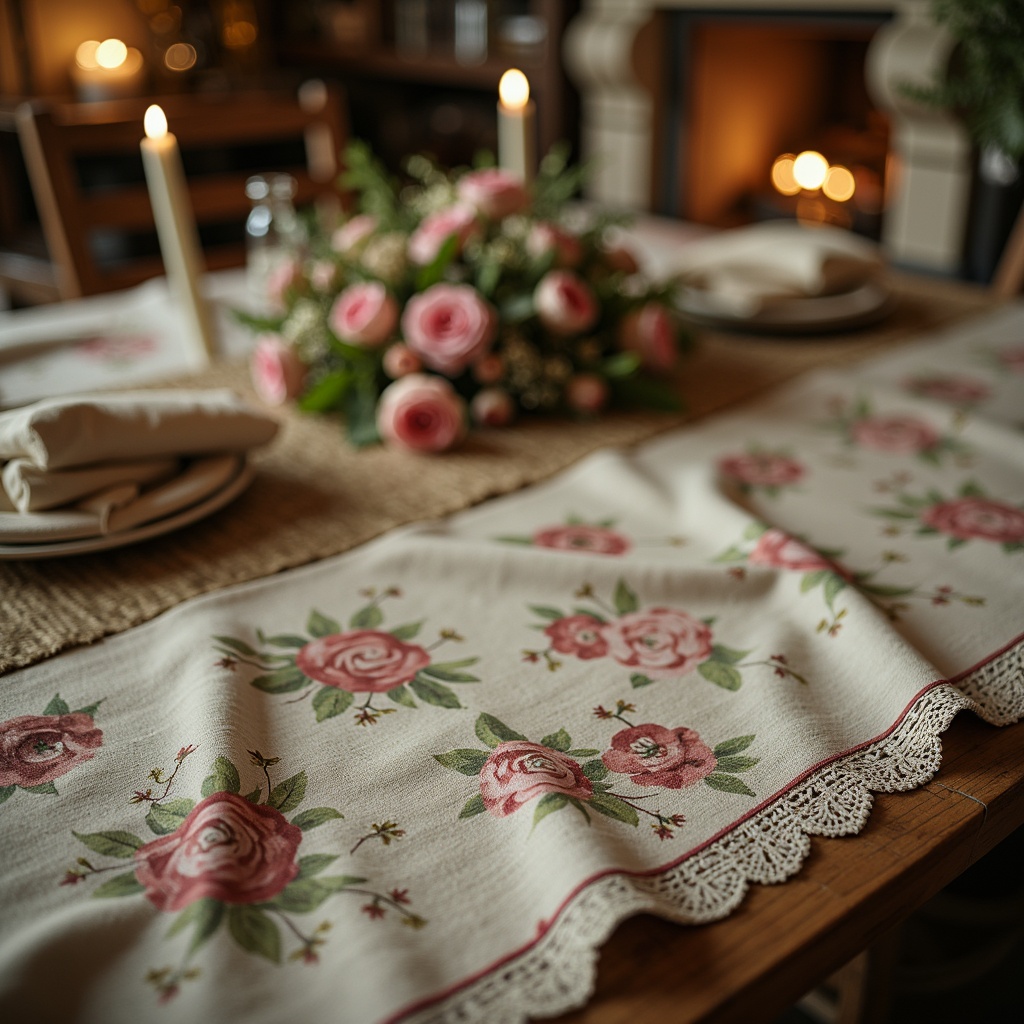 Prompt: Distressed vintage fabrics, soft pastel hues, floral patterns, lace trimmings, ruffled edges, linen textures, natural fibers, earthy tones, rustic wooden accents, antique furniture pieces, ornate metal details, candlelit ambiance, warm golden lighting, shallow depth of field, 1/1 composition, intimate close-up shots, realistic fabric simulations.