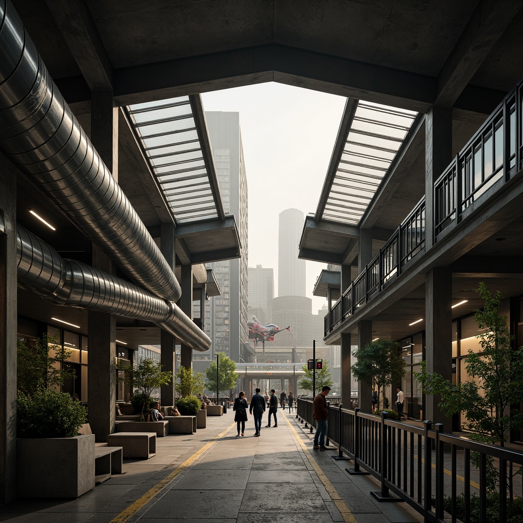 Prompt: Exposed steel beams, industrial pipes, concrete floors, metal railings, urban landscape, busy streets, modern train station, angular architecture, transparent glass roofs, natural light pouring in, warm atmosphere, shallow depth of field, 1/1 composition, realistic metallic textures, ambient occlusion, foggy morning, soft misty lighting, dynamic movement blur.