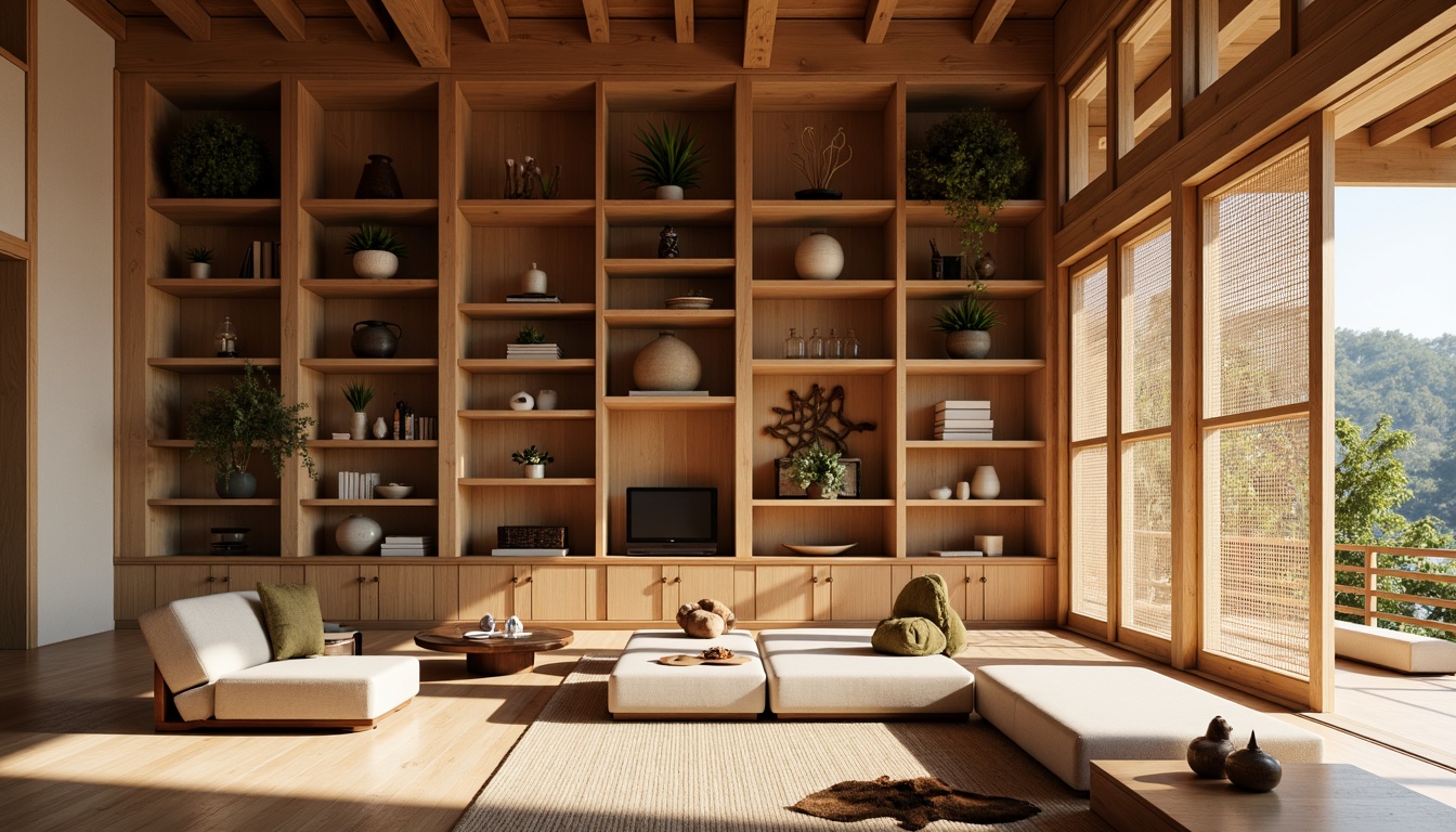 Prompt: Intricate wooden shelves, natural wood tones, subtle Japanese inspirations, minimalist ornate carvings, serene Asian-style interiors, floor-to-ceiling storage units, decorative sliding doors, rice paper screens, woven bamboo accents, earthy color palette, warm soft lighting, shallow depth of field, 1/1 composition, realistic textures, ambient occlusion.