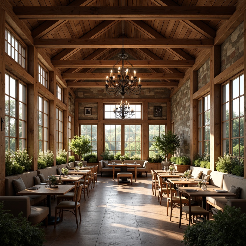 Prompt: Rustic farmhouse dining hall, wooden beams, vintage chandeliers, wrought iron lighting fixtures, candlelit lanterns, warm soft glow, earthy color palette, natural stone walls, reclaimed wood tables, comfortable plush armchairs, lush greenery, large windows, sunny afternoon, warm cozy atmosphere, 1/2 composition, shallow depth of field, realistic textures.