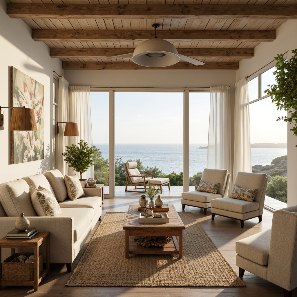 Prompt: Coastal living room, natural light pouring in, floor-to-ceiling windows, sliding glass doors, sheer white curtains, pendant lights, nautical-themed lampshades, rustic wooden ceiling beams, whitewashed walls, soft cream-colored sofas, woven sea grass rugs, vintage driftwood coffee tables, coral-inspired decorative accents, sunny day, warm golden lighting, shallow depth of field, 3/4 composition, panoramic view, realistic textures, ambient occlusion.