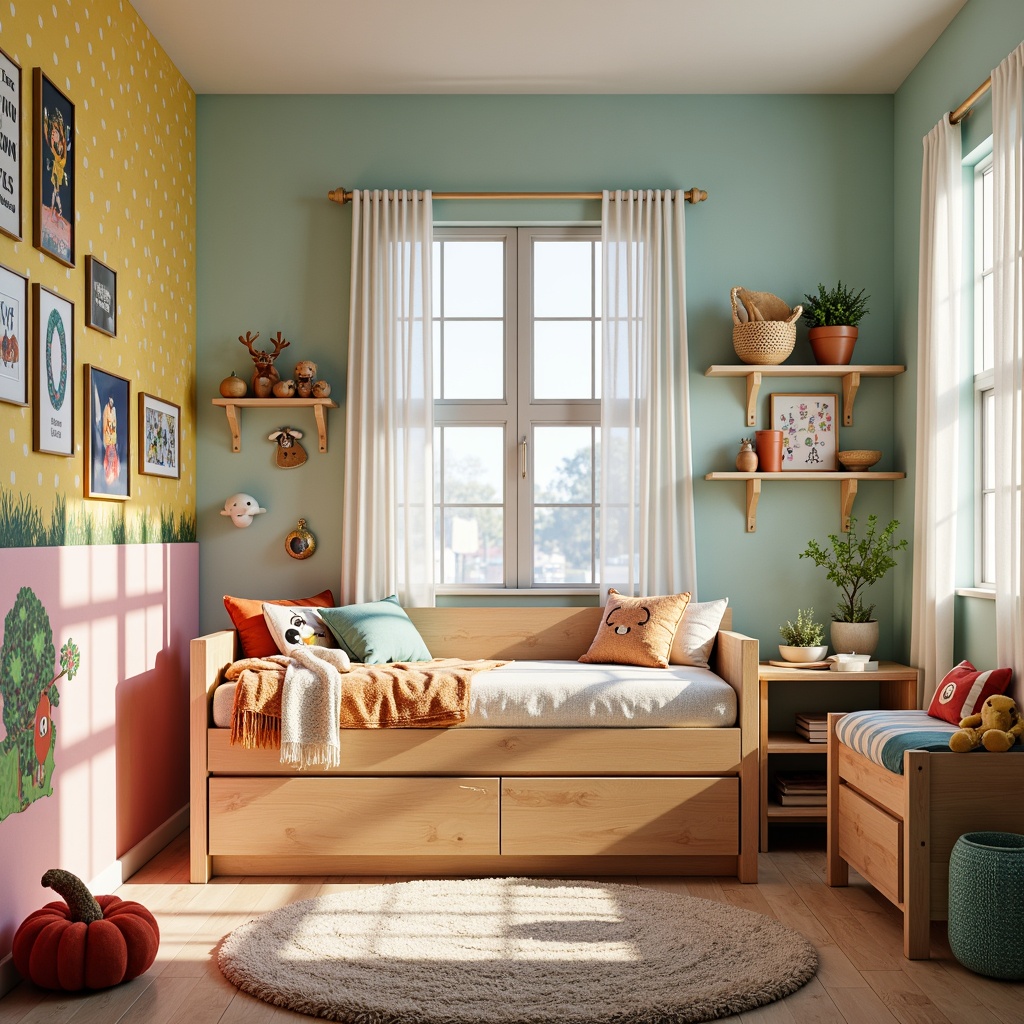 Prompt: Vibrant kids' bedroom, playful color scheme, bright primary hues, soft pastel shades, whimsical wall murals, fun polka dots, cheerful stripes, educational posters, cozy reading nook, plush area rug, wooden furniture, natural light, airy atmosphere, gentle warm lighting, shallow depth of field, 1/2 composition, realistic textures.