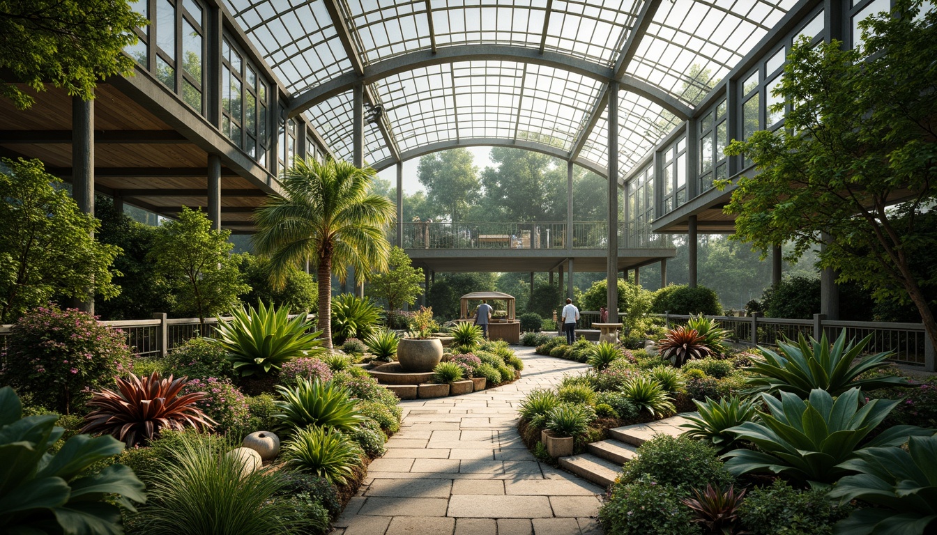 Prompt: Vibrant botanical garden, lush foliage, exotic plants, winding water features, natural stone pathways, glass roofs, curved metal frames, open airy spaces, abundant natural light, soft warm ambiance, shallow depth of field, 3/4 composition, panoramic view, realistic textures, ambient occlusion, Expressionist-inspired color palette, bold geometric shapes, whimsical architectural elements, ornate ironwork, tropical atmosphere, misty morning lighting.