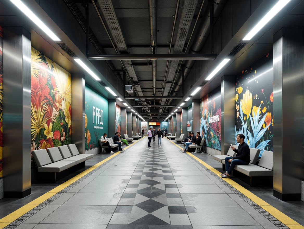 Prompt: Modern metro station interior, sleek minimalist benches, futuristic LED lighting, polished stainless steel columns, industrial-style concrete flooring, vibrant urban artwork, geometric patterned ceramic tiles, comfortable modular seating, metallic accents, dynamic angular shapes, high-contrast color schemes, bold typography, urban jungle atmosphere, natural stone wall cladding, advanced air purification systems, energy-efficient lighting fixtures, panoramic city views, shallow depth of field, 1/2 composition, realistic textures.