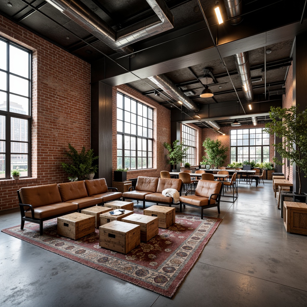 Prompt: Exposed brick walls, metal beams, reclaimed wood accents, industrial-style lighting fixtures, rustic metal chairs, distressed leather sofas, wooden crates, vintage factory carts, urban loft atmosphere, concrete floors, metallic color palette, functional decor, minimalist aesthetic, task-oriented furniture, collaborative workspaces, ergonomic seating, adjustable desks, modern conference tables, geometric-patterned rugs, warm ambient lighting, shallow depth of field, 1/1 composition, realistic textures.