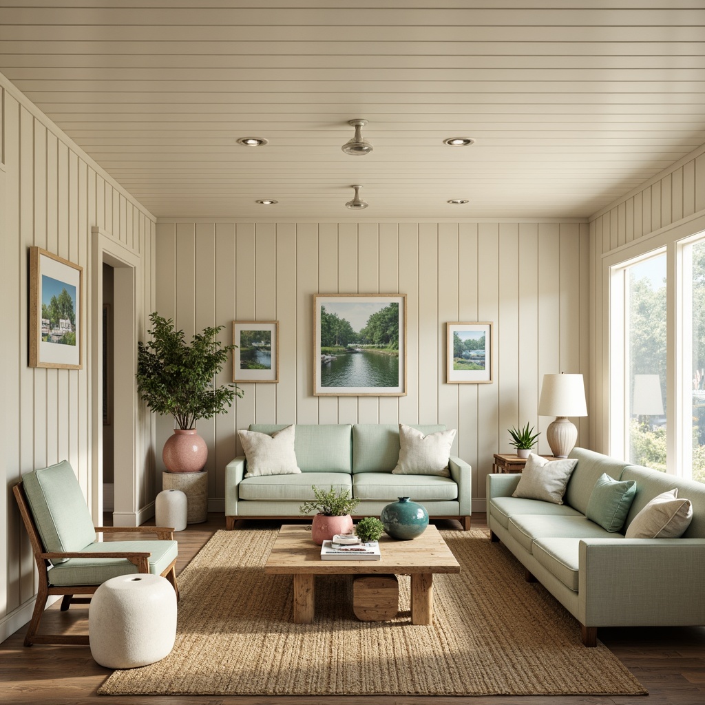 Prompt: Calming coastal cottage, soft sandy beige walls, creamy white trim, weathered wood accents, seafoam green furniture, coral pink decorative accessories, ocean-inspired blue and green glass vases, natural linen fabrics, woven jute rugs, driftwood coffee tables, nautical-themed lighting fixtures, sunny day with warm soft light, shallow depth of field, 1/1 composition, realistic textures, ambient occlusion.