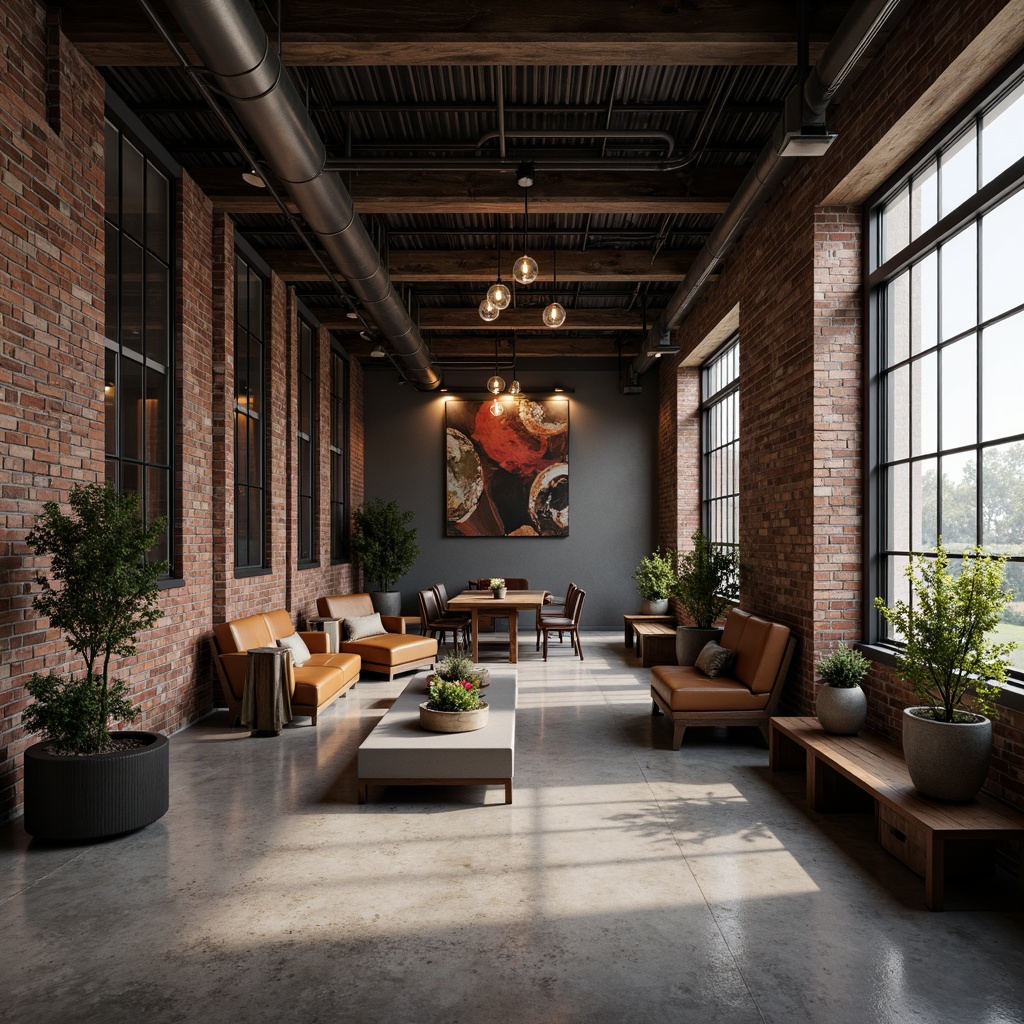 Prompt: Exposed brick walls, reclaimed wood accents, metal grid ceilings, industrial pipes, distressed concrete floors, modern minimalist decor, sleek steel beams, urban loft atmosphere, natural stone features, matte black metal frames, Edison bulb lighting, moody atmospheric shadows, cinematic low-key lighting, shallow depth of field, 2/3 composition, realistic textures, ambient occlusion.