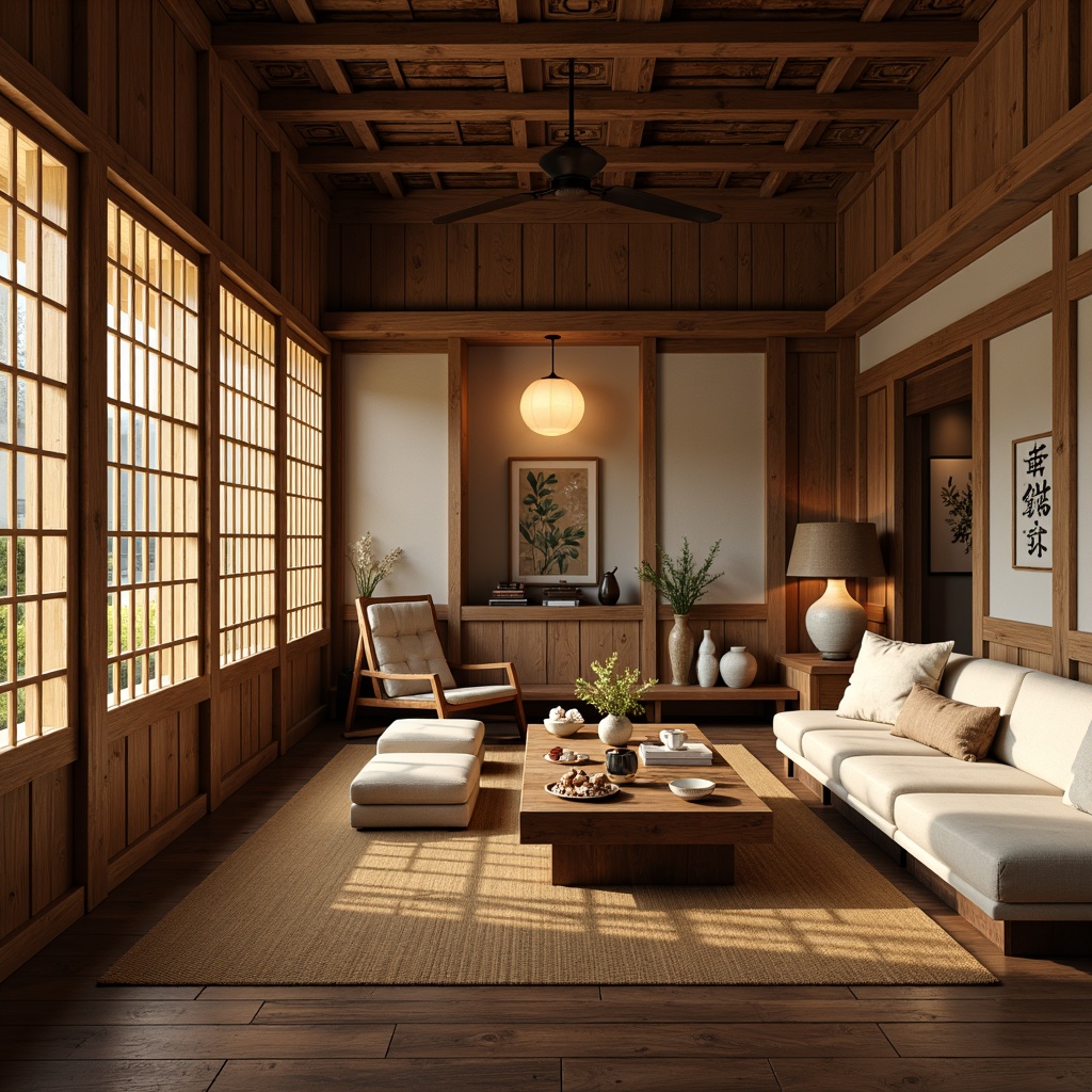 Prompt: Rustic wooden walls, natural bamboo textures, traditional Japanese Shoji screens, paper lanterns, soft warm lighting, subtle color palette, minimalist decor, Eastern-inspired motifs, hand-painted murals, intricate carvings, ornate wooden panels, luxurious silk fabrics, delicate porcelain vases, subtle aromas, peaceful ambiance, shallow depth of field, 1/1 composition, realistic reflections, ambient occlusion.