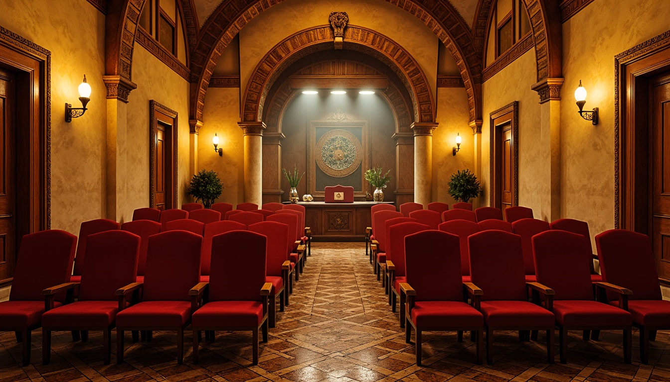 Prompt: Intimate Mediterranean theater, warm beige stonework, ornate wooden accents, plush crimson velvet seats, golden metal trimmings, intricate mosaic patterns, soft ambient lighting, subtle aroma of coffee and citrus, cozy atmospheric fog, gentle spotlighting, 1/2 composition, shallow depth of field, realistic textures, ambient occlusion.