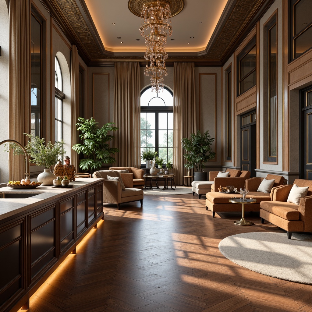 Prompt: Luxurious interior design, high-end material finishes, polished marble countertops, rich walnut wood flooring, soft suede upholstery, metallic accents, crystal chandeliers, elegant crown molding, subtle texture variations, natural stone walls, sophisticated color palette, warm ambient lighting, shallow depth of field, 1/1 composition, realistic reflections, detailed normal maps.