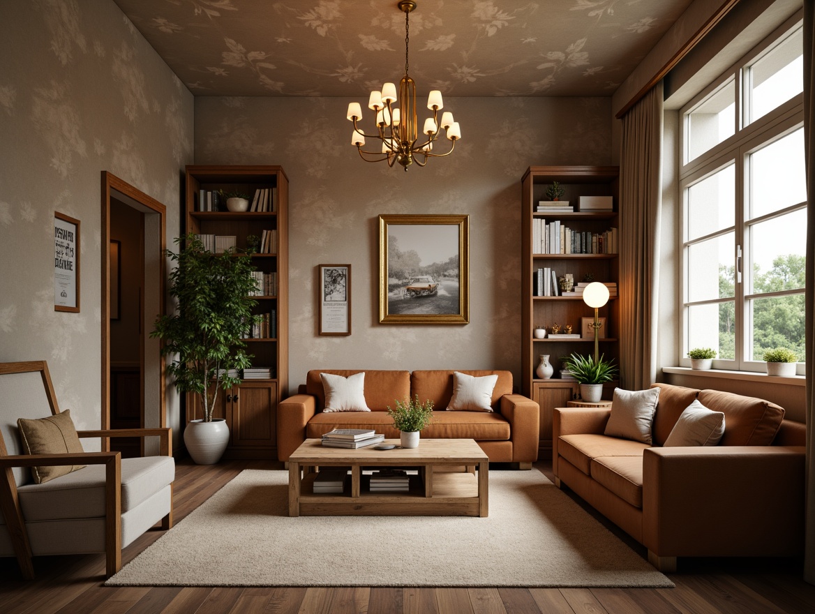 Prompt: Cozy apartment, textured walls, earthy tones, soft beige carpet, comfortable furniture, wooden accents, vintage decorative items, classic bookshelves, framed academic certificates, elegant chandeliers, warm floor lamps, inviting atmosphere, shallow depth of field, 1/2 composition, softbox lighting, realistic textures, ambient occlusion.