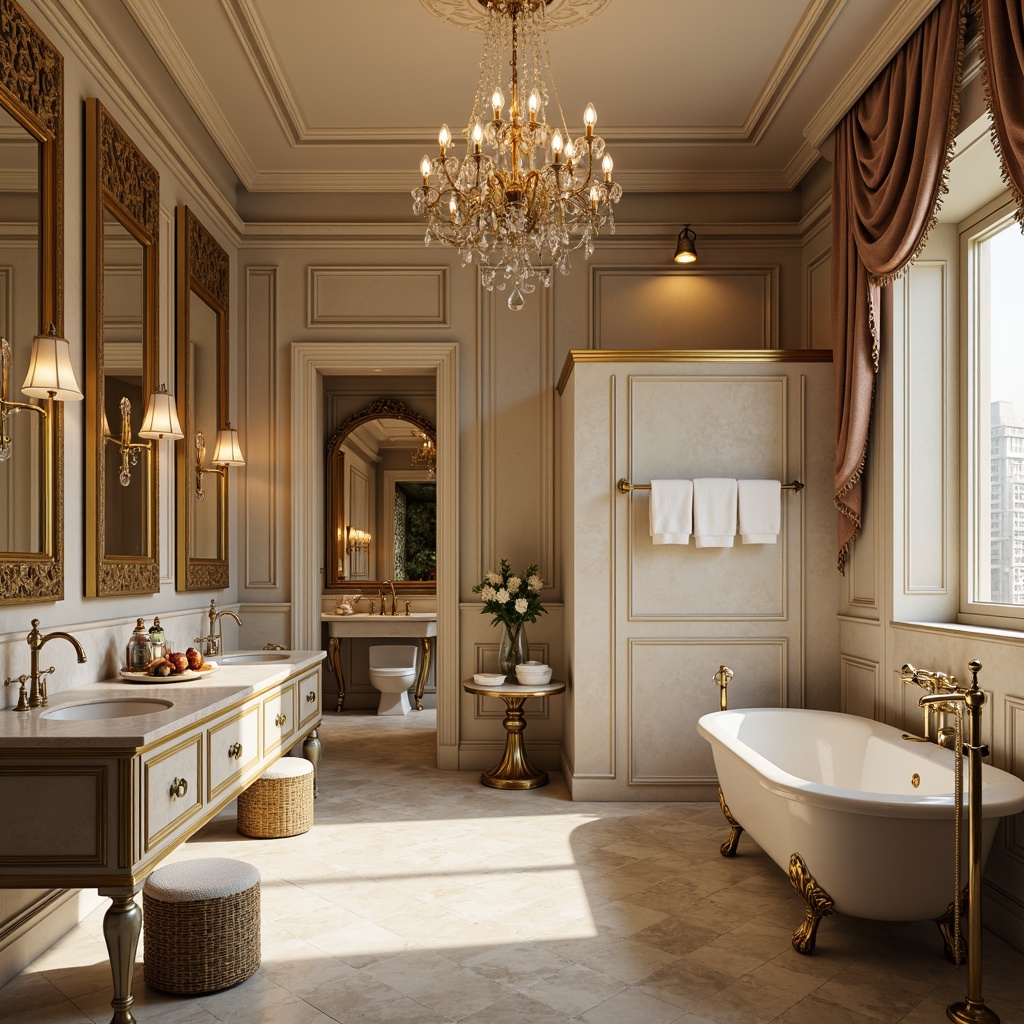 Prompt: Elegant bathroom, classic marble countertops, ornate golden faucets, crystal chandeliers, freestanding tubs, Victorian-style sink vanities, polished chrome towel racks, luxurious velvet drapes, warm beige walls, intricate molding details, soft warm lighting, shallow depth of field, 3/4 composition, realistic textures, ambient occlusion.