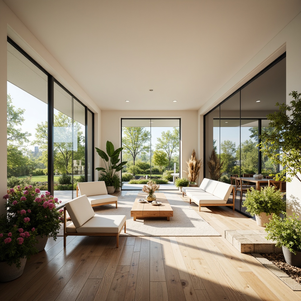 Prompt: Airy open-plan living room, floor-to-ceiling windows, sliding glass doors, minimalist white walls, polished wooden floors, natural stone accents, lush greenery, potted plants, vibrant flowers, warm sunny day, soft diffused lighting, shallow depth of field, 3/4 composition, panoramic view, realistic textures, ambient occlusion.