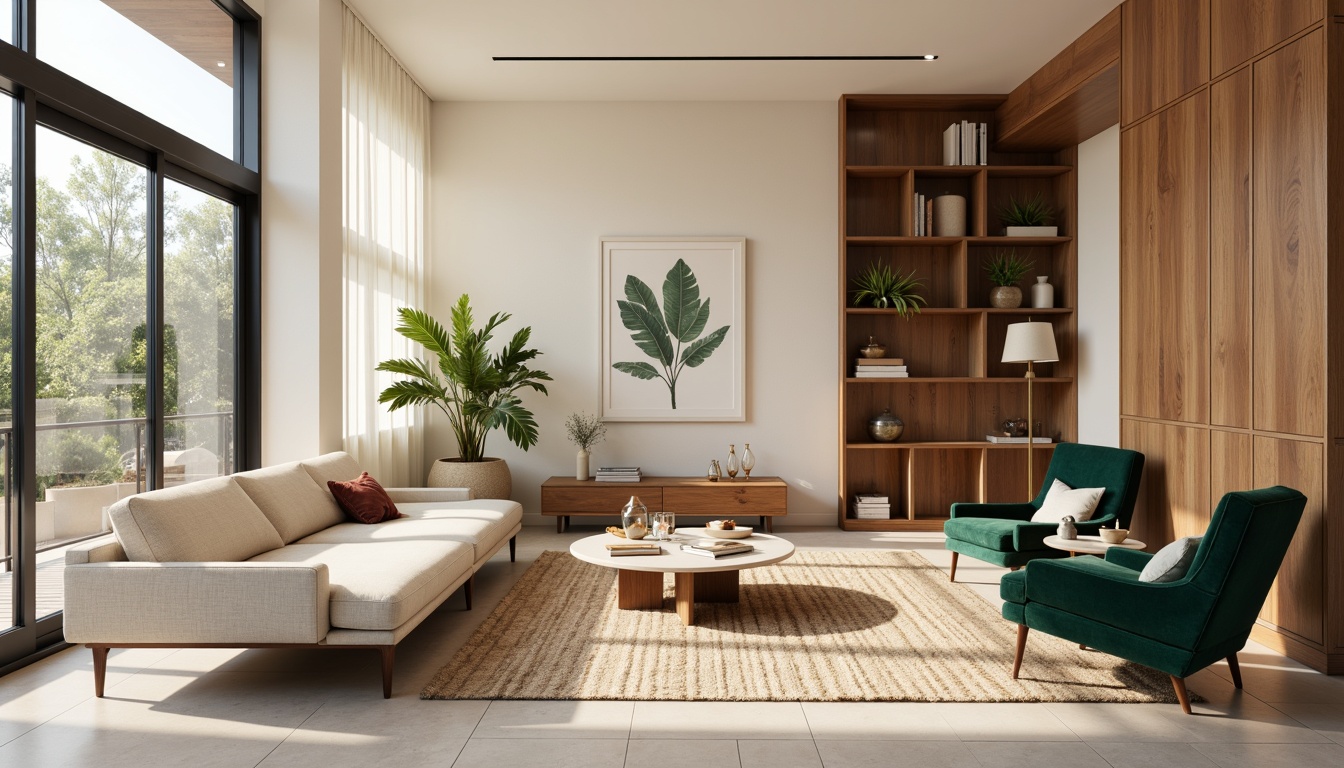 Prompt: Calming living room, soft cream walls, rich walnut wood accents, plush beige sofas, velvety emerald green armchairs, golden brass lighting fixtures, natural jute rugs, warm earthy tones, inviting atmosphere, cozy reading nooks, floor-to-ceiling windows, abundant natural light, subtle texture contrasts, harmonious color balance, 1/2 composition, shallow depth of field, softbox lighting, realistic material reflections.