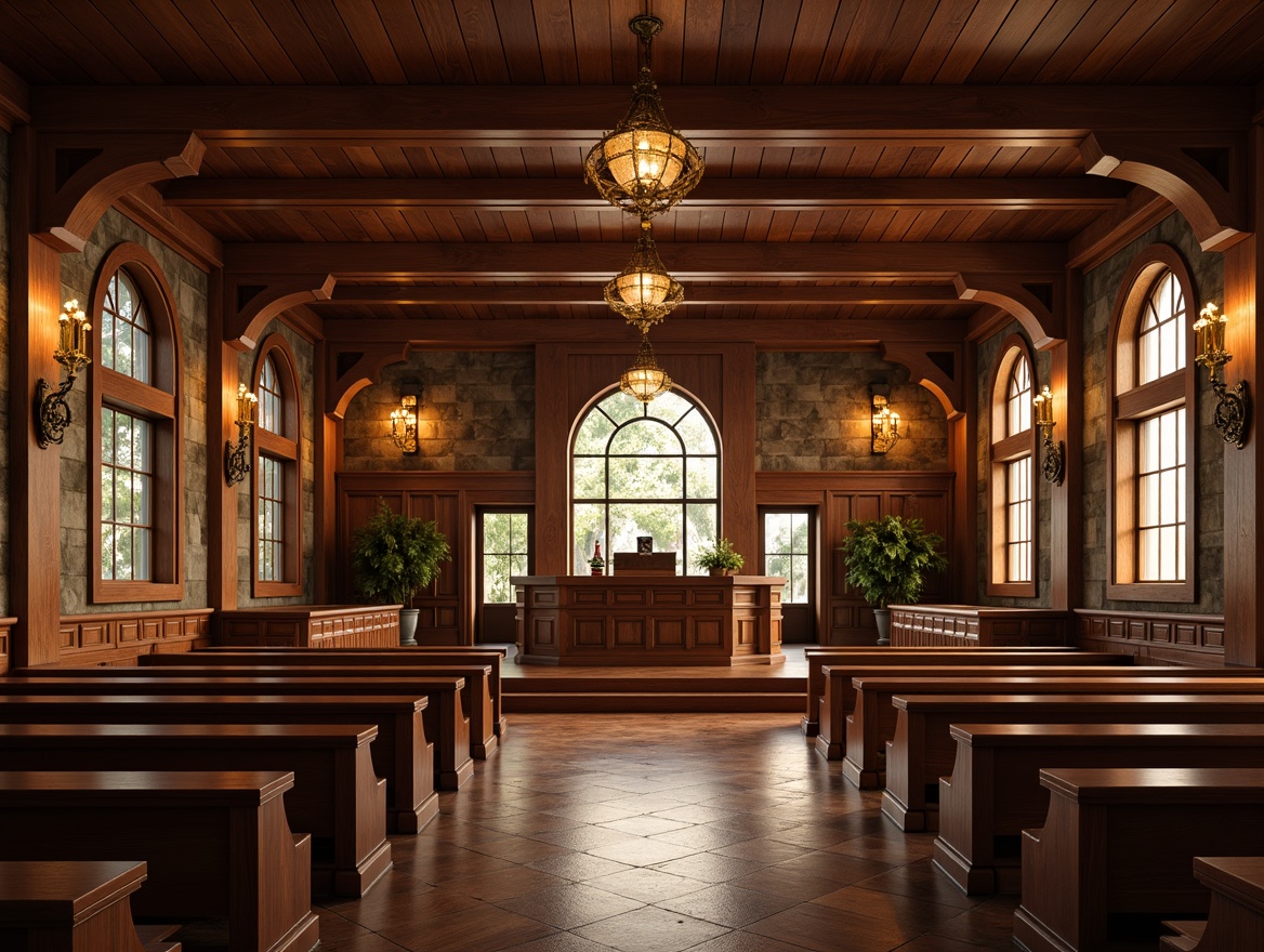 Prompt: Warm nostalgic courthouse, Craftsman-style interior, rich wood accents, ornate details, vintage lighting fixtures, bronze sconces, pendant lamps, warm soft glow, ambient occlusion, realistic textures, shallow depth of field, 3/4 composition, panoramic view, wooden benches, stained glass windows, rustic stone walls, cozy atmosphere, morning natural light, subtle shadows.